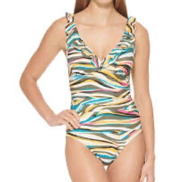 NWOT DKNY women's printed ruffled tummy-control one-piece swimsuit tiger Sz 14 - Picture 1 of 8